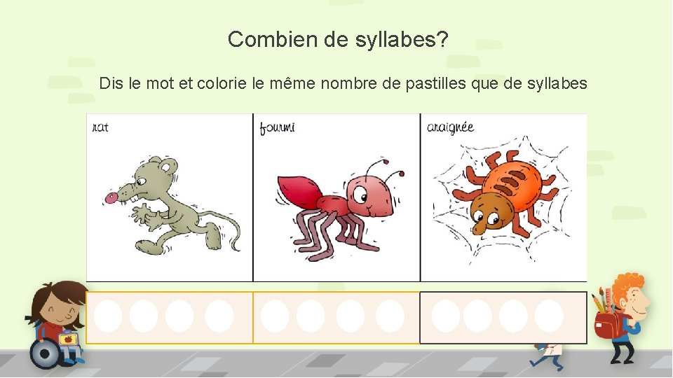 Combien de syllabes? Dis le mot et colorie le même nombre de pastilles que