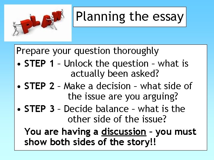Planning the essay Prepare your question thoroughly • STEP 1 – Unlock the question Planning the essay Prepare your question thoroughly • STEP 1 – Unlock the question