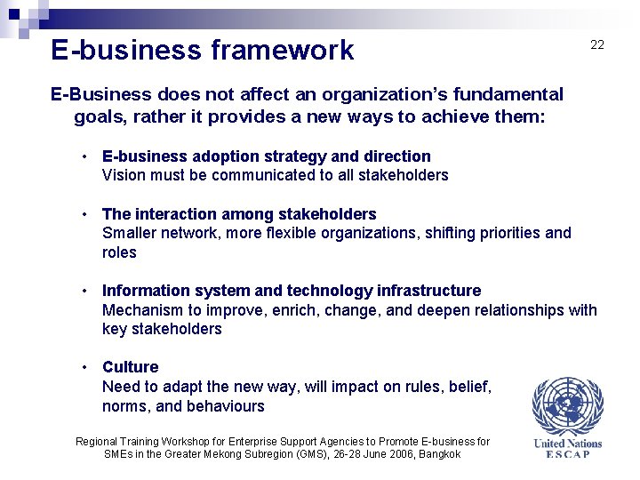 E-business framework 22 E-Business does not affect an organization’s fundamental goals, rather it provides