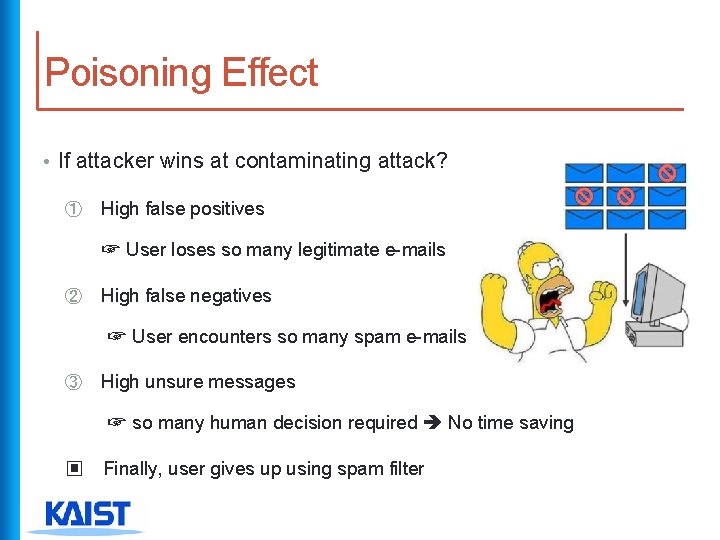 Poisoning Effect • If attacker wins at contaminating attack? ① High false positives ☞