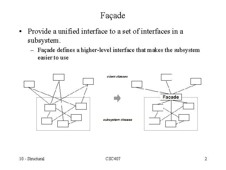 Façade • Provide a unified interface to a set of interfaces in a subsystem.