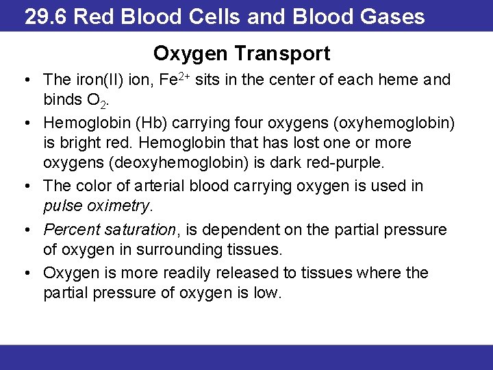 29. 6 Red Blood Cells and Blood Gases Oxygen Transport • The iron(II) ion,
