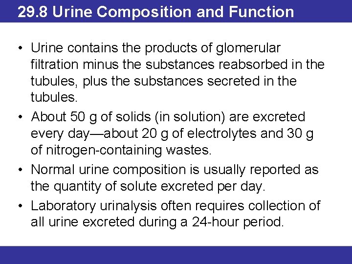 29. 8 Urine Composition and Function • Urine contains the products of glomerular filtration