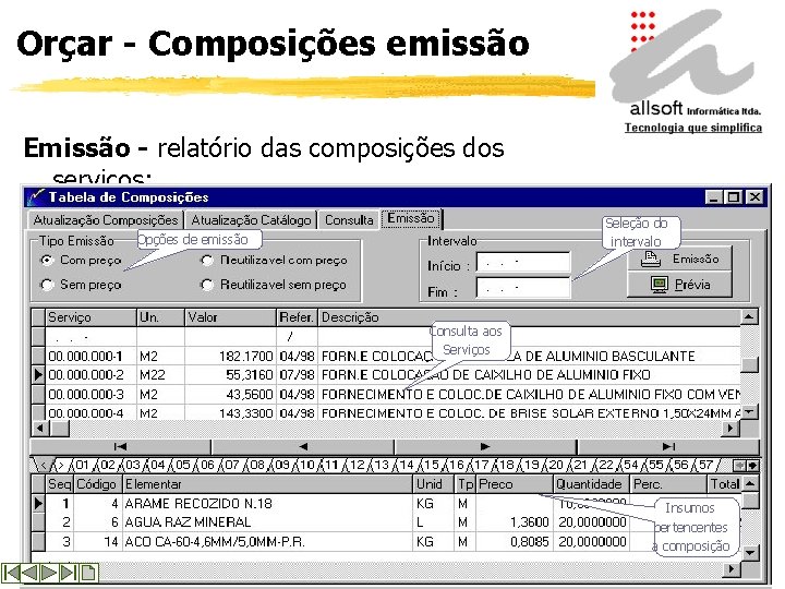 Orçar - Composições emissão Emissão - relatório das composições dos serviços; Seleção do intervalo