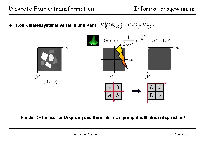 Diskrete Fouriertransformation Informationsgewinnung ● Koordinatensysteme von Bild und Kern: D B A A B