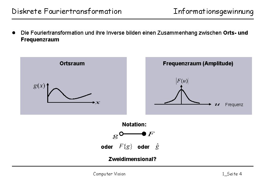 Diskrete Fouriertransformation Informationsgewinnung ● Die Fouriertransformation und ihre Inverse bilden einen Zusammenhang zwischen Orts-