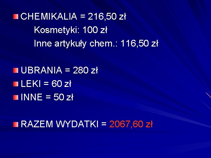 CHEMIKALIA = 216, 50 zł Kosmetyki: 100 zł Inne artykuły chem. : 116, 50