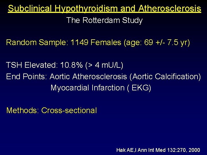 Subclinical Hypothyroidism and Atherosclerosis The Rotterdam Study Random Sample: 1149 Females (age: 69 +/-