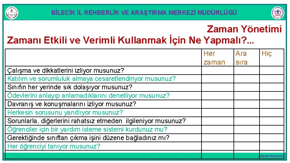 BİLECİK İL REHBERLİK VE ARAŞTIRMA MERKEZİ MÜDÜRLÜĞÜ Zaman Yönetimi Zamanı Etkili ve Verimli Kullanmak