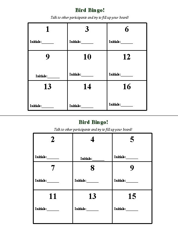 Bird Bingo! Talk to other participants and try to fill up your board! 1