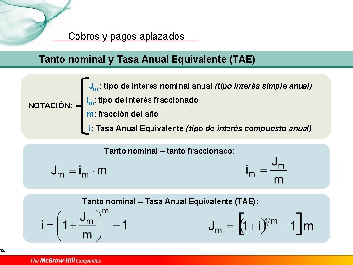 12 Cobros y pagos aplazados Tanto nominal y Tasa Anual Equivalente (TAE) Jm :
