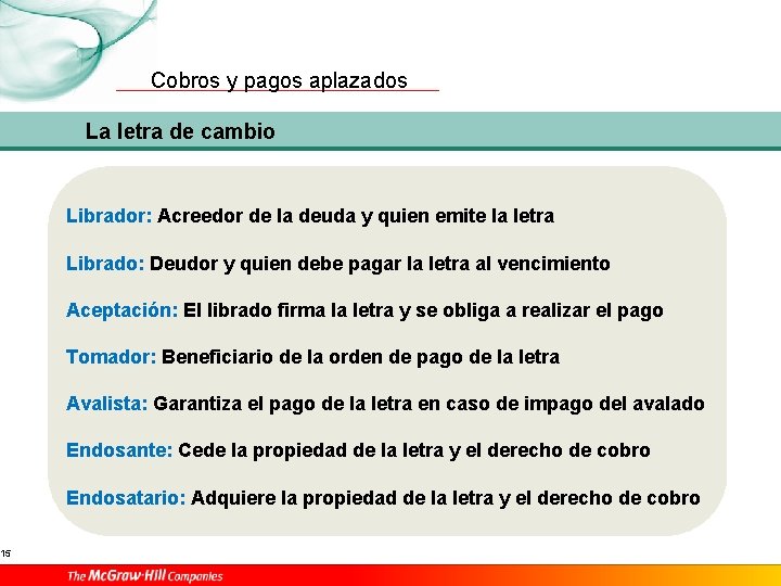 15 Cobros y pagos aplazados La letra de cambio Librador: Acreedor de la deuda
