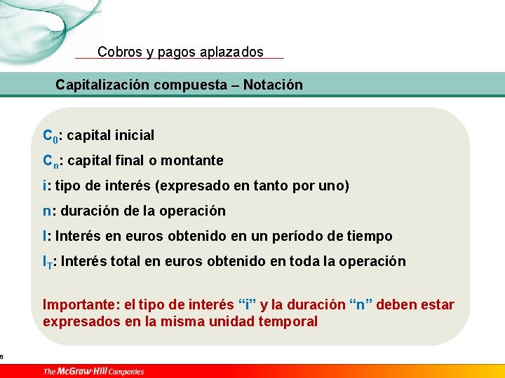 8 Cobros y pagos aplazados Capitalización compuesta – Notación C 0: capital inicial Cn: