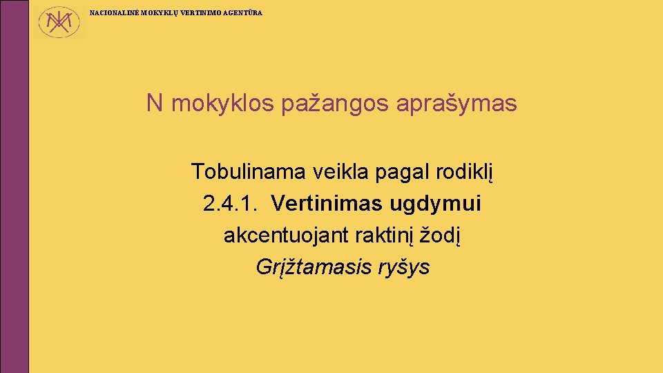 NACIONALINĖ MOKYKLŲ VERTINIMO AGENTŪRA N mokyklos pažangos aprašymas Tobulinama veikla pagal rodiklį 2. 4.