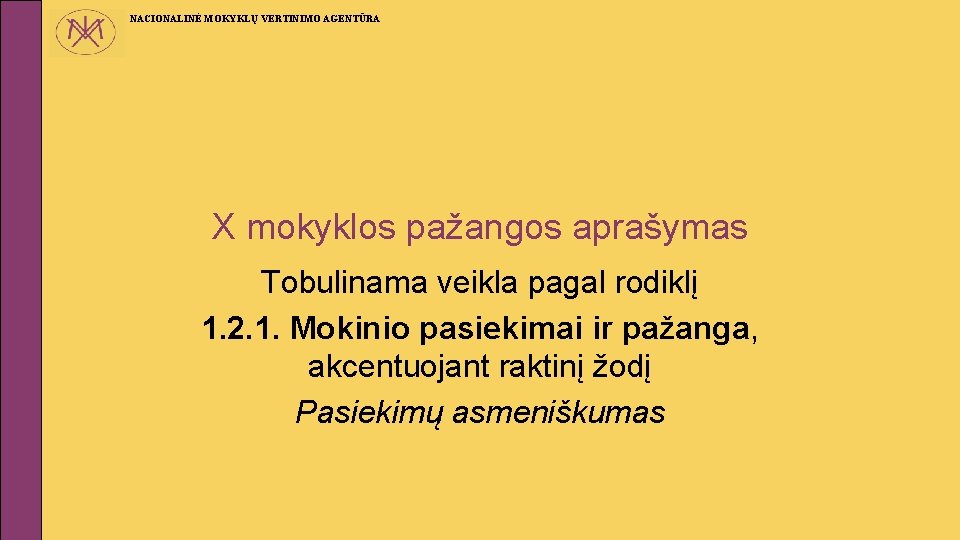 NACIONALINĖ MOKYKLŲ VERTINIMO AGENTŪRA X mokyklos pažangos aprašymas Tobulinama veikla pagal rodiklį 1. 2.