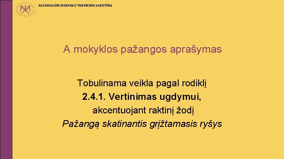 NACIONALINĖ MOKYKLŲ VERTINIMO AGENTŪRA A mokyklos pažangos aprašymas Tobulinama veikla pagal rodiklį 2. 4.