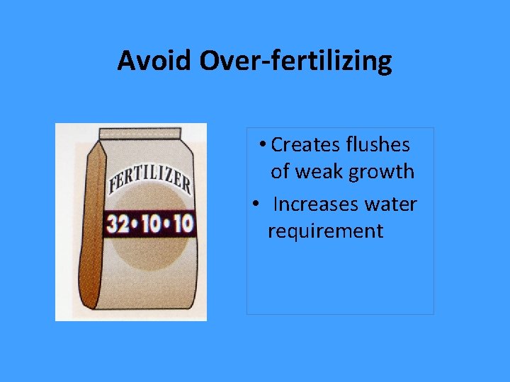 Avoid Over-fertilizing • Creates flushes of weak growth • Increases water requirement 