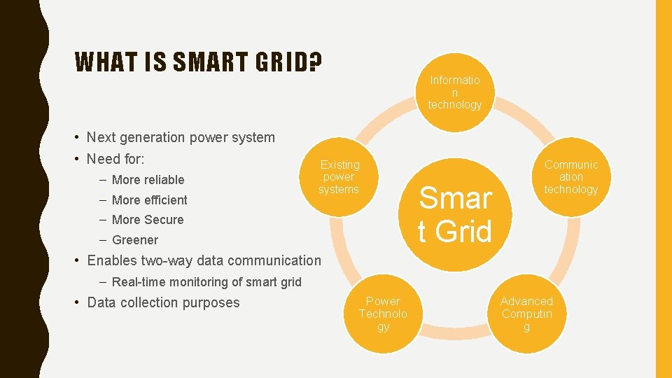 WHAT IS SMART GRID? Informatio n technology • Next generation power system • Need