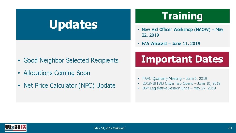 Updates Training • New Aid Officer Workshop (NAOW) – May 22, 2019 • FAS