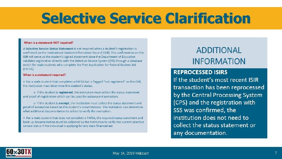 Selective Service Clarification May 14, 2019 Webcast 7 