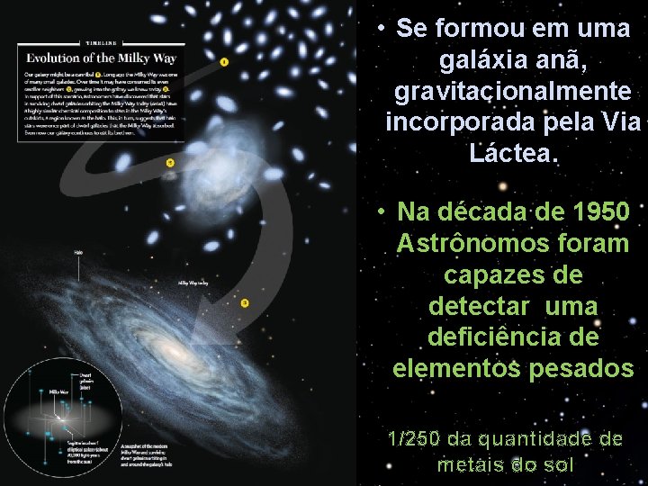  • Se formou em uma galáxia anã, gravitacionalmente incorporada pela Via Láctea. •