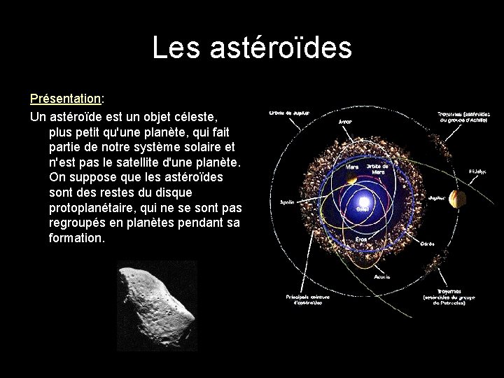 Les astéroïdes Présentation: Un astéroïde est un objet céleste, plus petit qu'une planète, qui