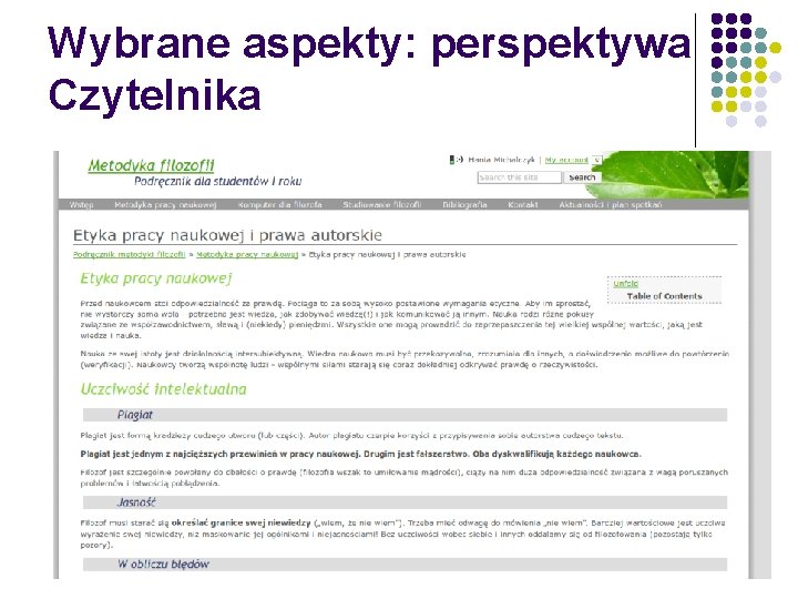 Wybrane aspekty: perspektywa Czytelnika 