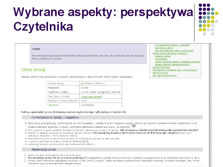 Wybrane aspekty: perspektywa Czytelnika 