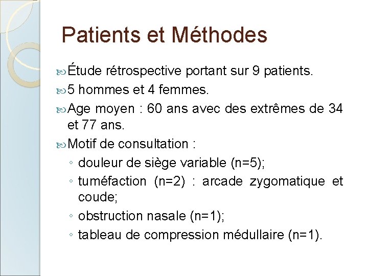 Patients et Méthodes Étude rétrospective portant sur 9 patients. 5 hommes et 4 femmes.