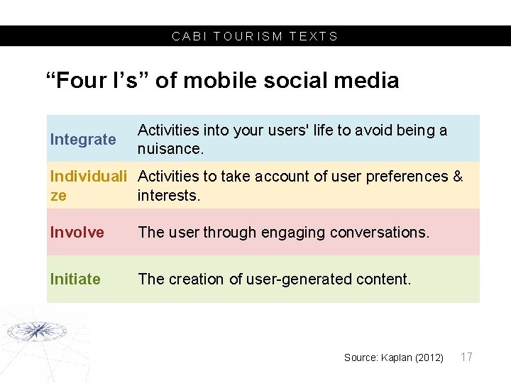 CABI TOURISM TEXTS “Four I’s” of mobile social media Integrate Activities into your users'