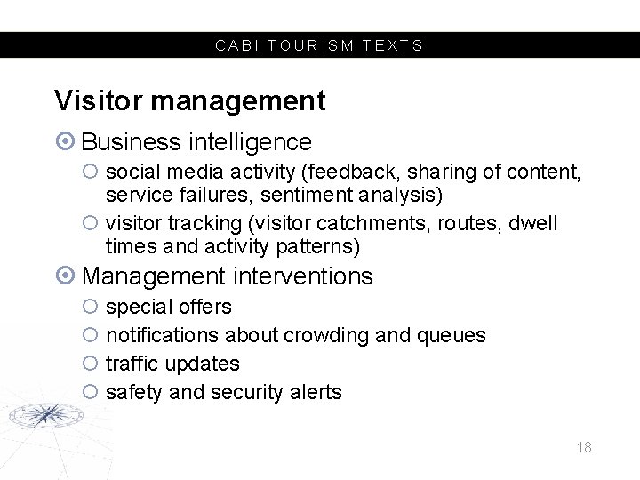 CABI TOURISM TEXTS Visitor management Business intelligence social media activity (feedback, sharing of content,
