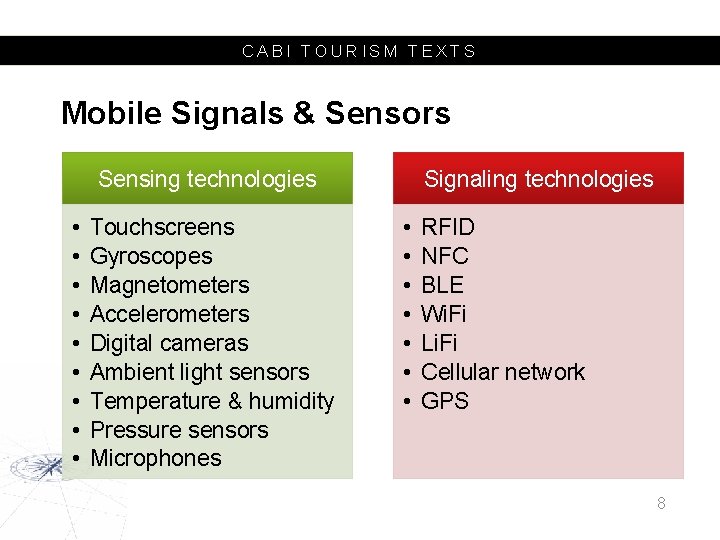 CABI TOURISM TEXTS Mobile Signals & Sensors Sensing technologies • • • Touchscreens Gyroscopes