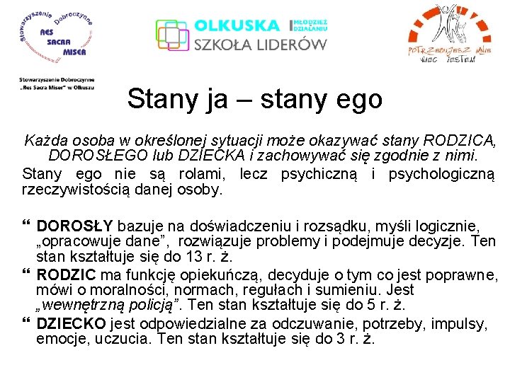 Stany ja – stany ego Każda osoba w określonej sytuacji może okazywać stany RODZICA,