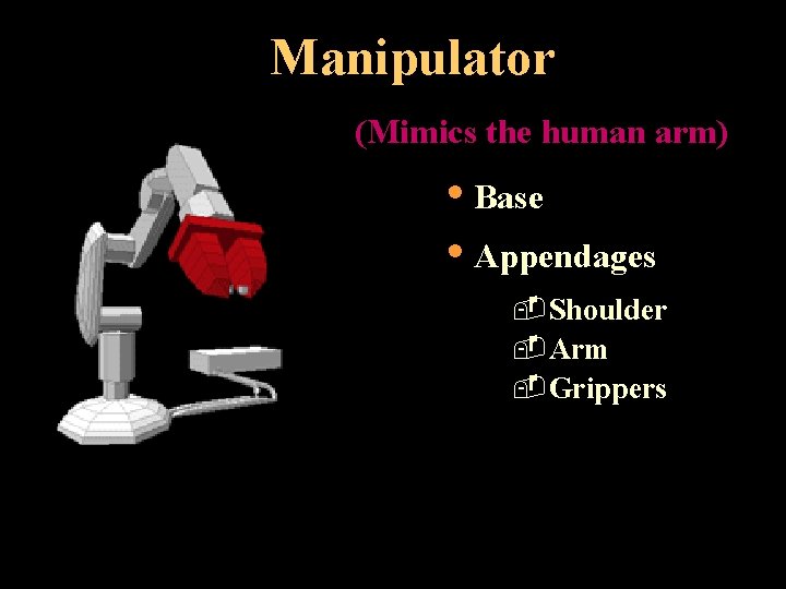 Manipulator (Mimics the human arm) • Base • Appendages -Shoulder -Arm -Grippers 