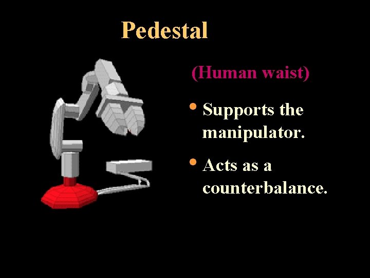 Pedestal (Human waist) • Supports the manipulator. • Acts as a counterbalance. 