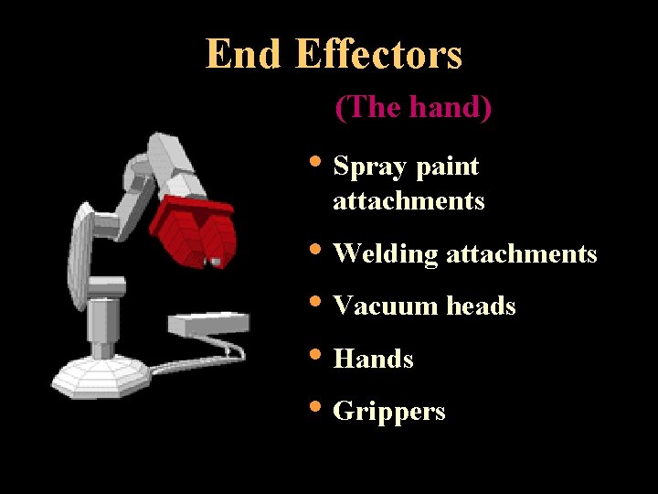 End Effectors (The hand) • Spray paint attachments • Welding attachments • Vacuum heads