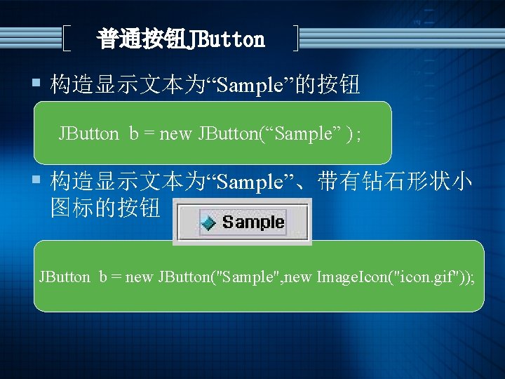 普通按钮JButton § 构造显示文本为“Sample”的按钮 JButton b = new JButton(“Sample” ); § 构造显示文本为“Sample”、带有钻石形状小 图标的按钮 JButton b