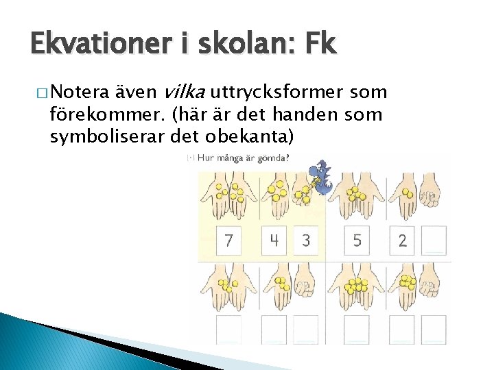 Ekvationer i skolan: Fk även vilka uttrycksformer som förekommer. (här är det handen som