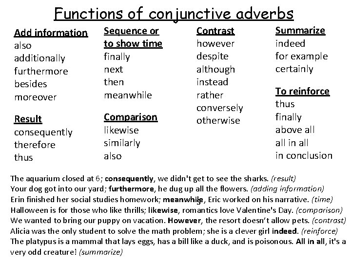 Functions of conjunctive adverbs Add information also additionally furthermore besides moreover Sequence or to