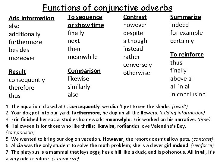 Functions of conjunctive adverbs Add information also additionally furthermore besides moreover To sequence or