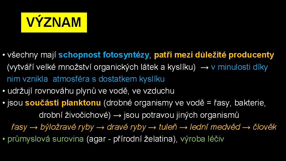 VÝZNAM • všechny mají schopnost fotosyntézy, patří mezi důležité producenty (vytváří velké množství organických