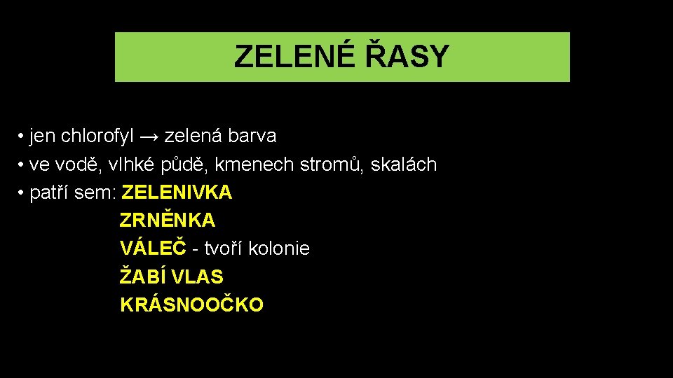 ZELENÉ ŘASY • jen chlorofyl → zelená barva • ve vodě, vlhké půdě, kmenech ZELENÉ ŘASY • jen chlorofyl → zelená barva • ve vodě, vlhké půdě, kmenech
