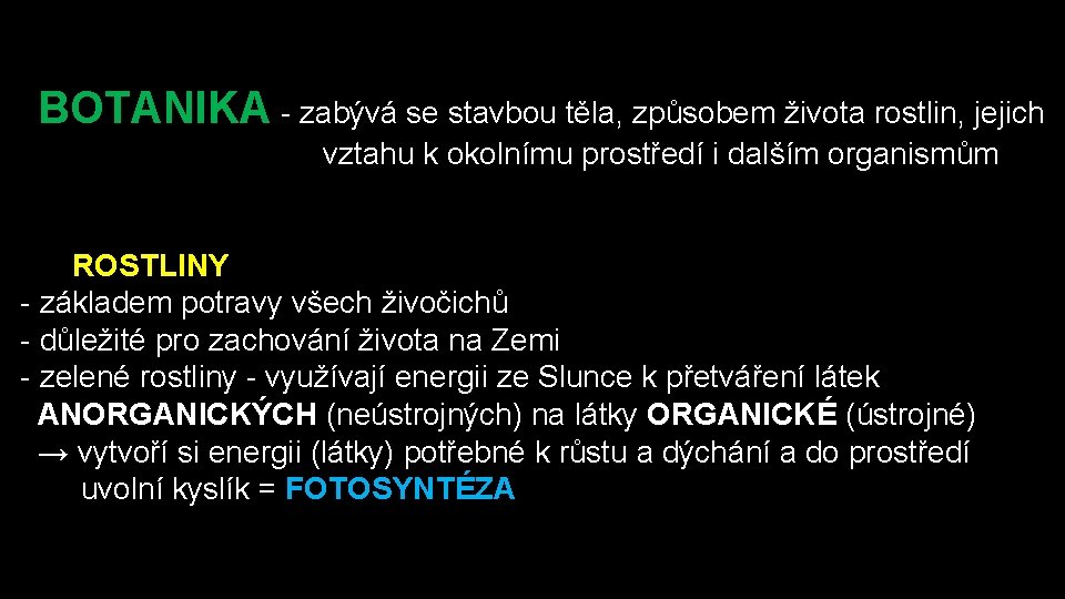 BOTANIKA - zabývá se stavbou těla, způsobem života rostlin, jejich vztahu k okolnímu prostředí