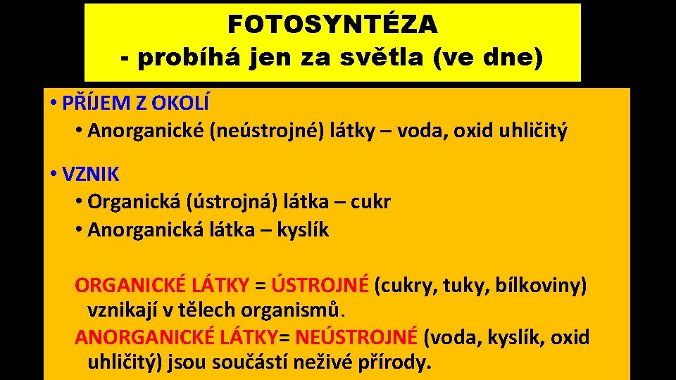 FOTOSYNTÉZA - probíhá jen za světla (ve dne) • PŘÍJEM Z OKOLÍ • Anorganické