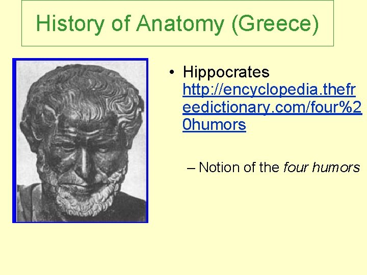 History of Anatomy (Greece) • Hippocrates http: //encyclopedia. thefr eedictionary. com/four%2 0 humors –