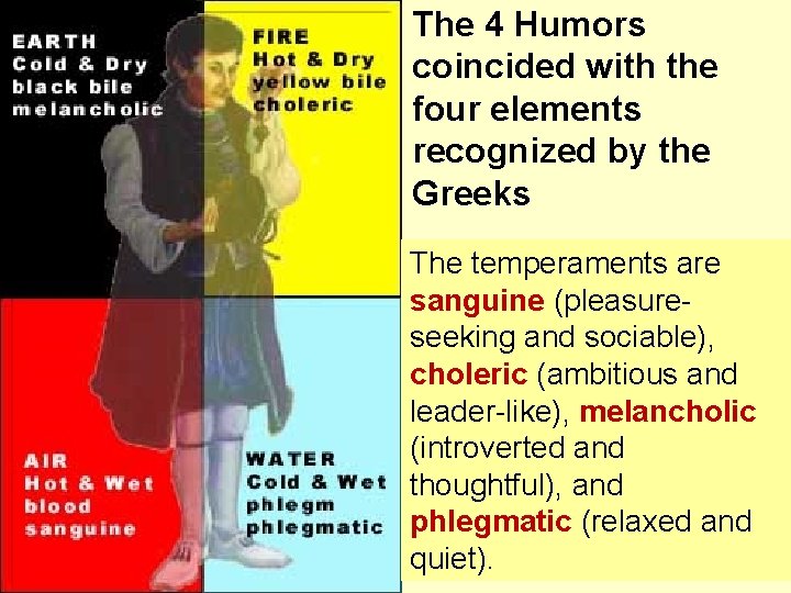 The 4 Humors coincided with the four elements recognized by the Greeks The temperaments