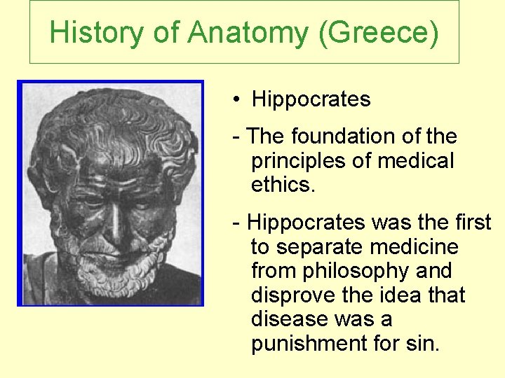 History of Anatomy (Greece) • Hippocrates - The foundation of the principles of medical