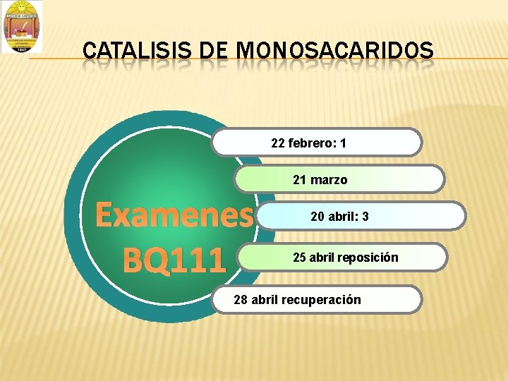 CATALISIS DE MONOSACARIDOS 22 febrero: 1 21 marzo Examenes BQ 111 20 abril: 3