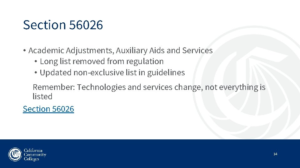 Section 56026 • Academic Adjustments, Auxiliary Aids and Services • Long list removed from