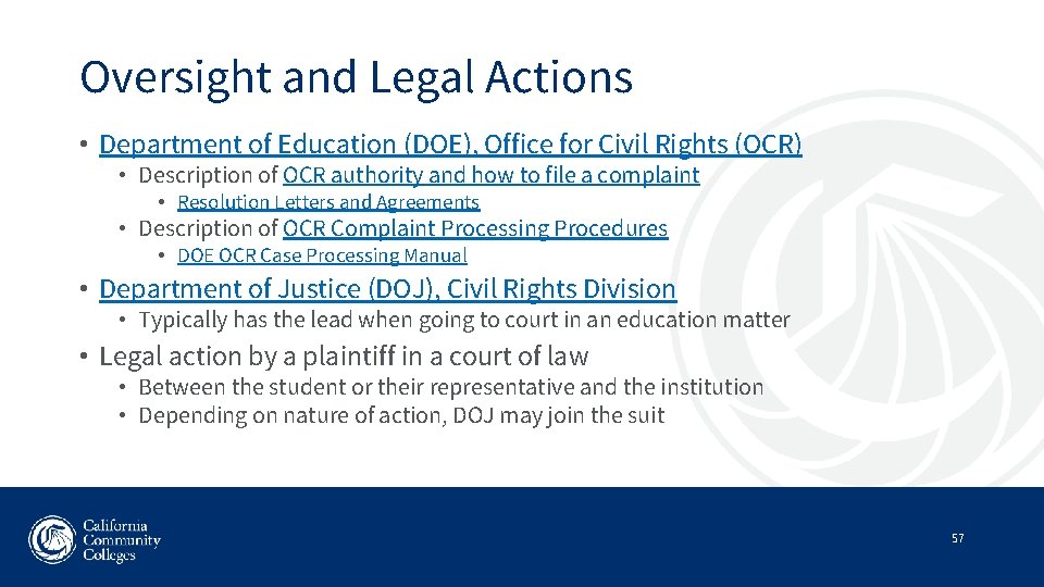 Oversight and Legal Actions • Department of Education (DOE), Office for Civil Rights (OCR)